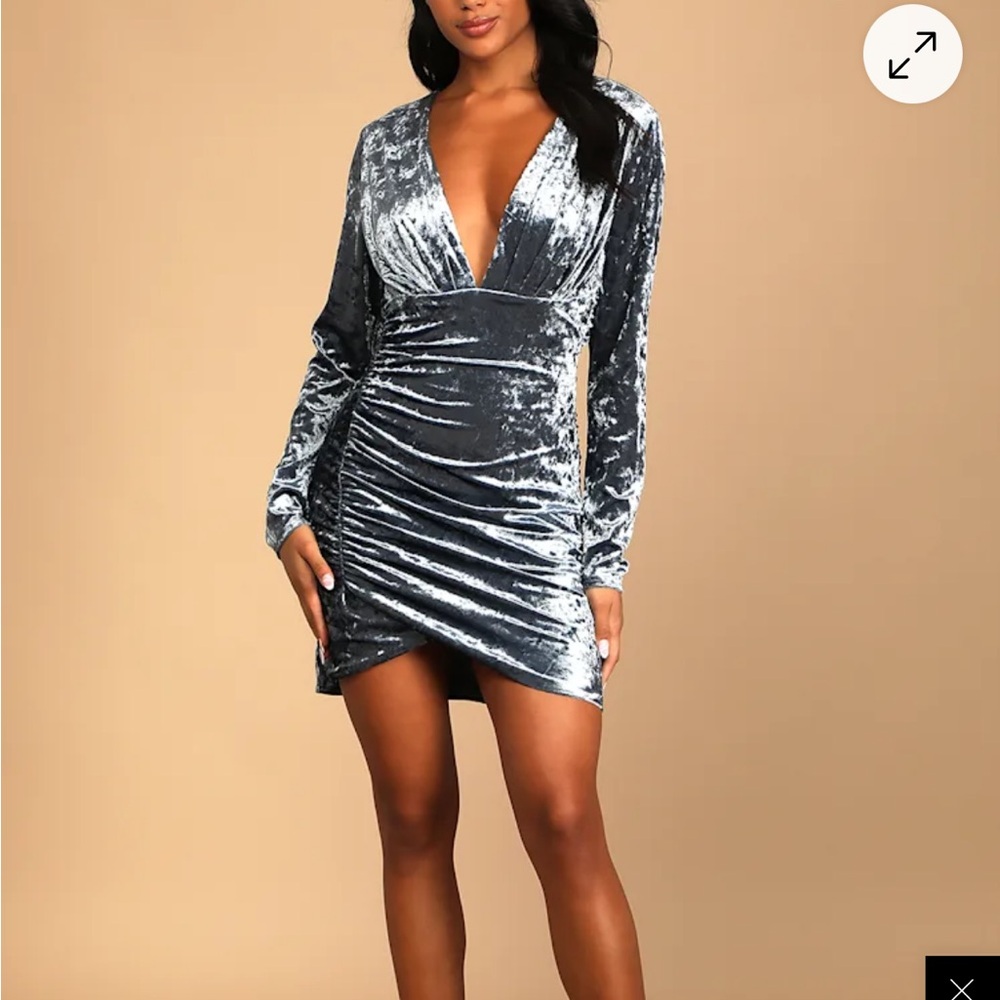 Lulus Luxe Celebrations dusty blue velvet asymmetrical bodycon dress